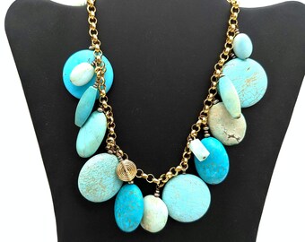 Turquoise Blue Howlite 14K Gold Vermeil Sterling Silver Statement Necklace or Choker - 16.5"