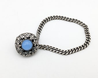 Vintage Silver Tone Cable Chain Bracelet with Blue Reposse Button Charm