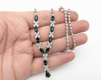 Emerald Green Rhinestone and Silver Tone Lariat Necklace
