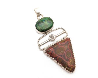 Vintage Poppy Jasper, Green Turquoise and Sterling Silver Pendan