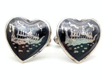 1940s Siam Sterling Silver Heart Cufflinks With King of Siam Ship