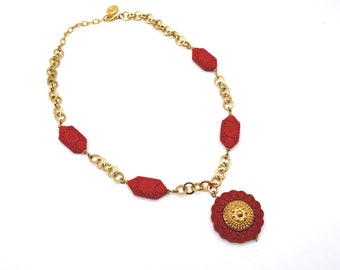 Vintaged Carved Red Cinnabar & Gold Tone Floral Pendant Necklace - 27"