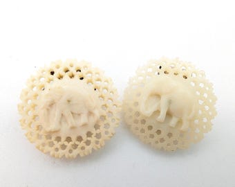 Art Deco Carved Celluloid Elephant Clip on Earrings