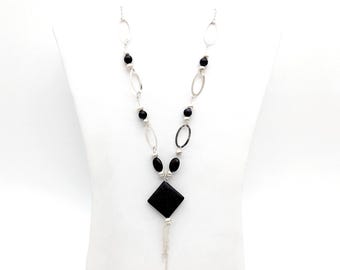 Vintage Sterling Silver & Black Onyx Bead Necklace - 18"