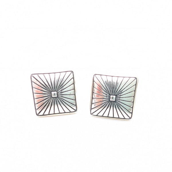Vintage Square Sterling Silver Concho Stud Earrings Signed QT- 10mm