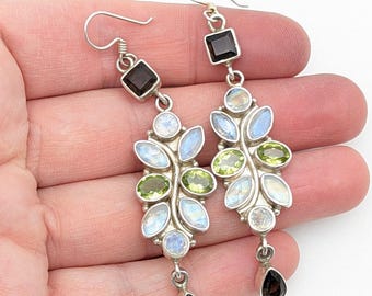 Sterling Silver Moonstone, Peridot & Garnet Dangle Earrings