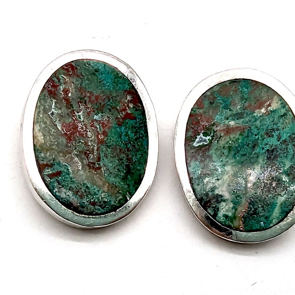 Vintage Sterling Silver & Red-Veined Turquoise Clip Earrings Signed  Margarita Vera Lagunas, Taxco