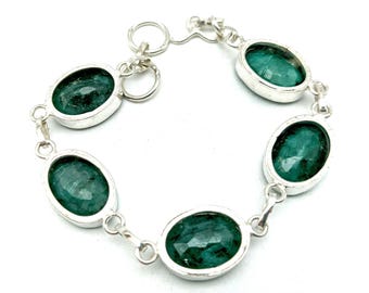 Natural Emerald & Sterling Silver Statement Bracelet - 6.5-7.5" Adjustable