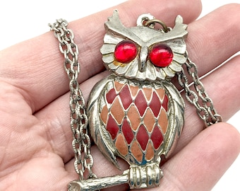 Vintage 1970's Red, Orange & Silver-Tone Owl Pendant Necklace - 18"