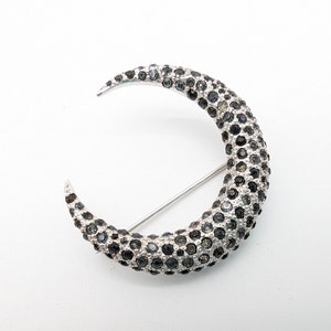 Vintage JOMAZ Joseph Mazer Pave Black Rhinestone & Silver Plated Crescent Moon Brooch - 1 5/8&quot;