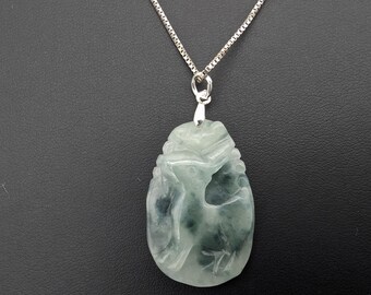 Sterling Silver & Carved Jade Chinese Zodiac Rabbit Pendant Necklace - 18"