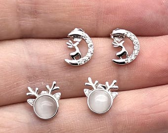Sterling Silver Reindeer Stud Earrings, Moon Earrings, CZ, Mismatched, Moonstone