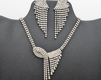 Silver Plated Rhinestone Waterfall Choker Necklace and Dangle Earrings Set