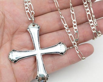 2.25" Sterling Silver Cross Pendant Necklace Signed Towle