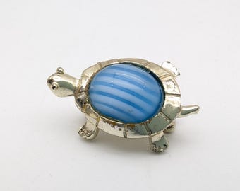 Dainty Vintage Gold Tone & Striped Blue Lucite Cabochon Turtle Pin - 1"