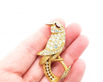 Hattie Carnegie Gold Plated Rhinestone Bird Brooch - 2"