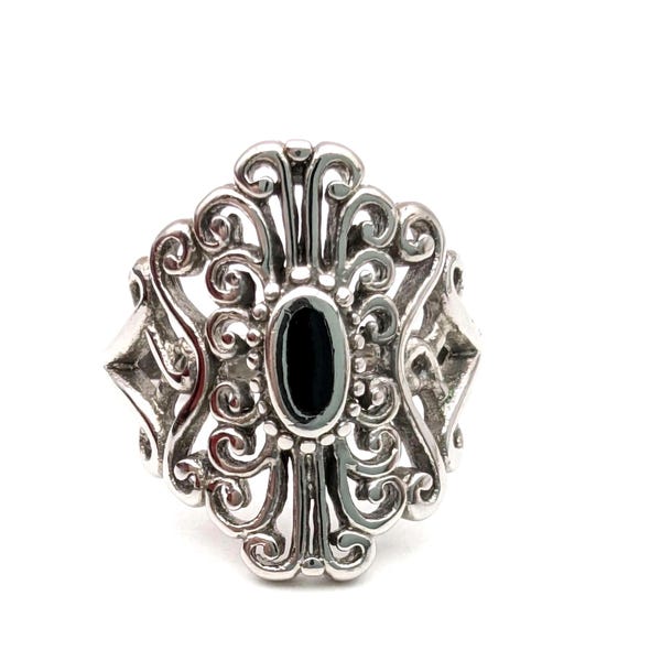 Sterling Silver & Black Onyx Filigree Ring - Size 6.25