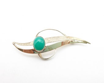 Vintage Gold Vermeil  Sterling Silver & Chrysoprase Leaf Mid Century Brooch