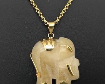 Vintage Carved Jade & 18K Gold Plated Elephant Pendant Necklace - 18"
