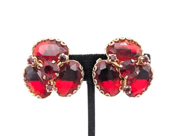 Faceted Ruby Red Glass Floral Clip Earrings - 1.25"