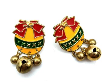 Unique Vintage Enamel Holiday Ball & Bell Earrings