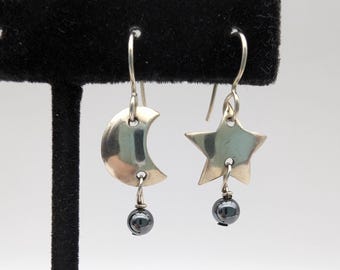 Vintage Sterling Silver & Hematite Moon and Star Earrings