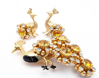 Citrine Rhinestone Peacock Brooch & Clip Earrings Set