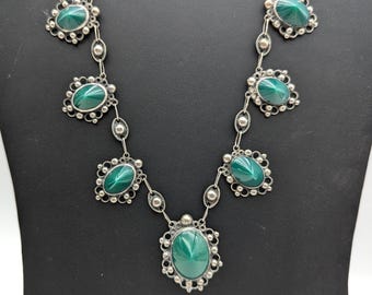 1930s Art Deco Sterling Silver & Green Onyx Necklace and Earrings Set
