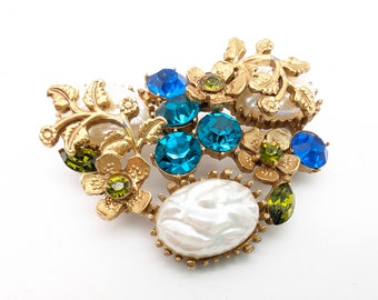 Vintage Lava Pearl and Blue & Green Rhinestone Flower Brooch