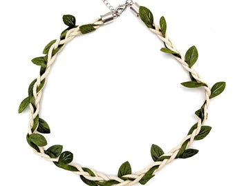 Leafy Cord Necklace, Nature Jewelry, Leaf Choker, Custom Color, Sterling Silver, Made to Order
