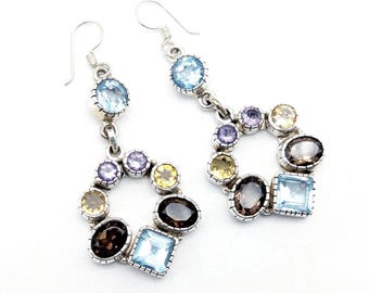 Sterling Silver Multi Color Gemstone Dangle Earrings