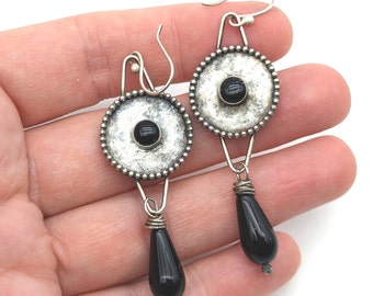 Vintage Artisan Black Onyx & Sterling Silver Dangle Earrings