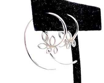 Sterling Silver Spiral Wire Leaf Hoop Earrings, Floral Hoops, Threader Hoops