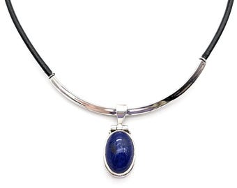 Vintage Artisan Blue Lapis & Amethyst Sterling Silver Pendant Necklace - 18"