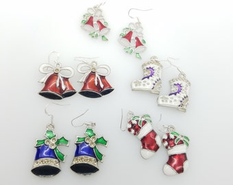 Enamel Holiday Bell or Stocking Dangle Earrings with Silver-Plated French Wires - Choose From 5 Styles