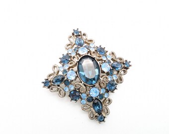 Vintage 1997 Trifari Blue Rhinestone Floral Brooch Pendant - 2"