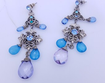 Vintage Pewtertone Blue & Purple Glass and Rhinestone Chandelier Dangle Earrings