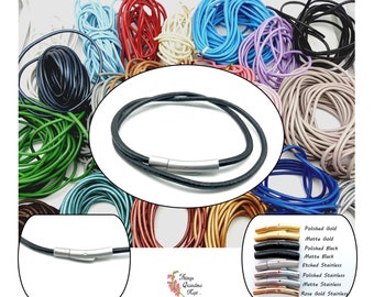 Custom Made 3mm Genuine Leather Cord Necklace, Stainless Steel Bayonet Clasp, Smooth, 33 Colors