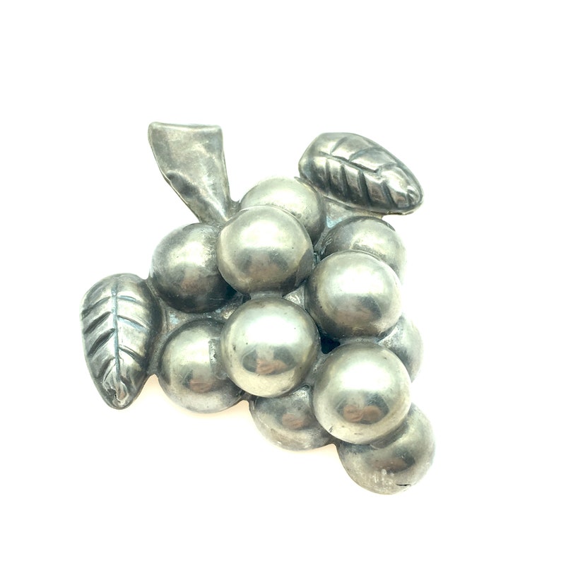 Dainty Vintage Mexico Sterling Silver Grapes & Leaf Brooch image 1