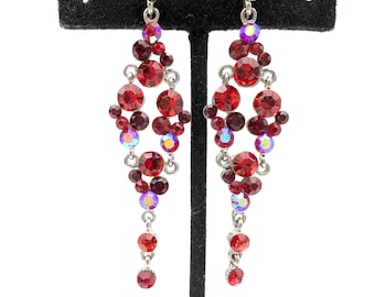 Red AB Rhinestone Boho Dangle Earrings - 2.75"
