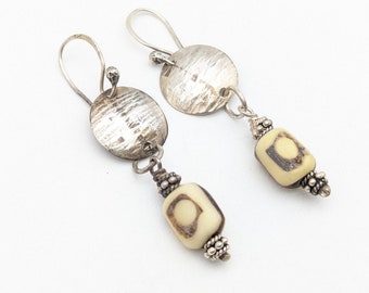 Vintage Sterling Silver & Carved Stone Artisan Dangle earrings