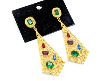 Old Stock Gold Tone & Colorful Rhinestone Fan Dangle Earrings - 3.5"