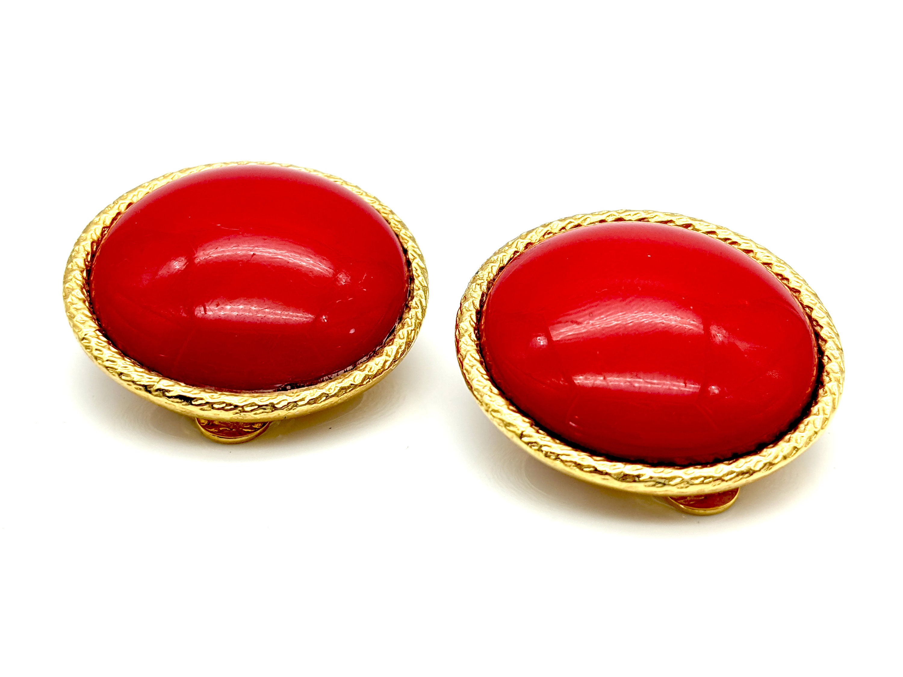 Vintage Les Bernard Red Acrylic and Gold Plated Statement Earrings