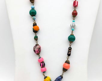 1940s Fruit Salad Lamp Work & Thermoset Bead Necklace - 28"