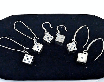 Oxidized Sterling Silver Dice Charm Earrings: Antiqued Silver, Dice Earrings