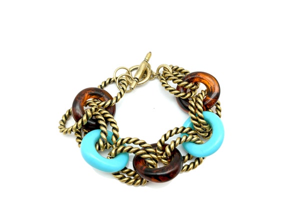 Vintage Faux Turquoise & Brass Chico's Chunky Lin… - image 3