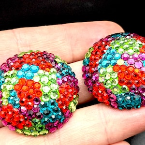 Vintage Richard Kerr Pave Multi-Color Crystal Circle Stud Earrings - 1 3/8&quot;