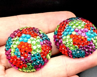Vintage Richard Kerr Pave Multi-Color Crystal Circle Stud Earrings - 1 3/8"