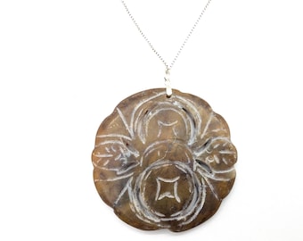 Carved Chinese Brown Jade & Sterling Floral Pendant Necklace - 20"