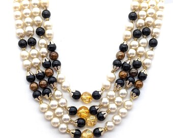 Vintage Multi-Strand Faux Pearl & Crystal Bead Choker Necklace - 14-17" Adjustable